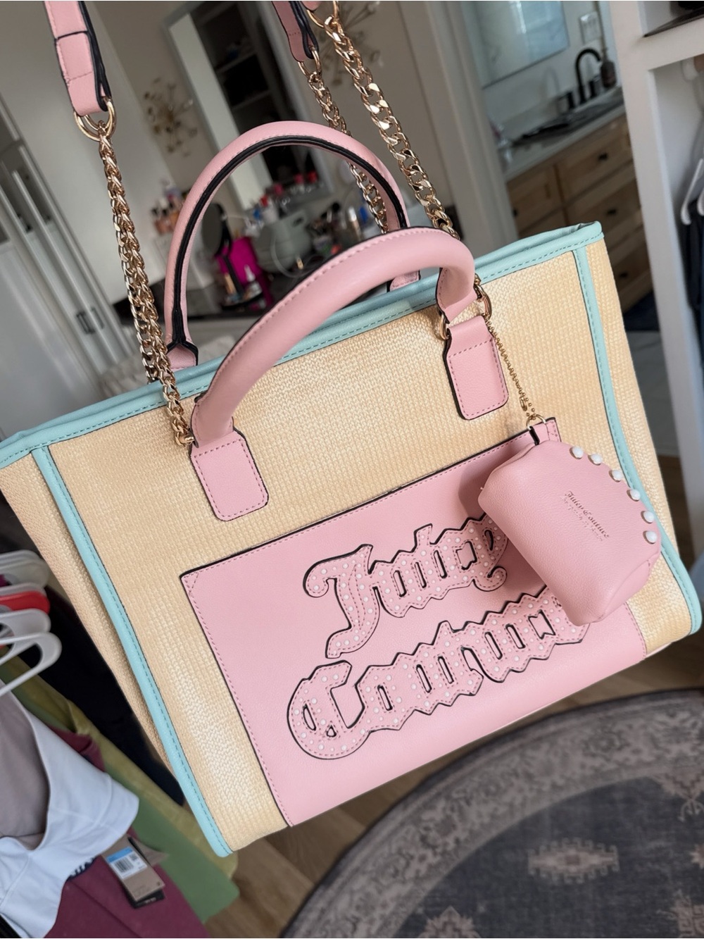 GORGEOUS girly + spring Juicy Couture Pink & Straw Tote Bag with Aqua Trim